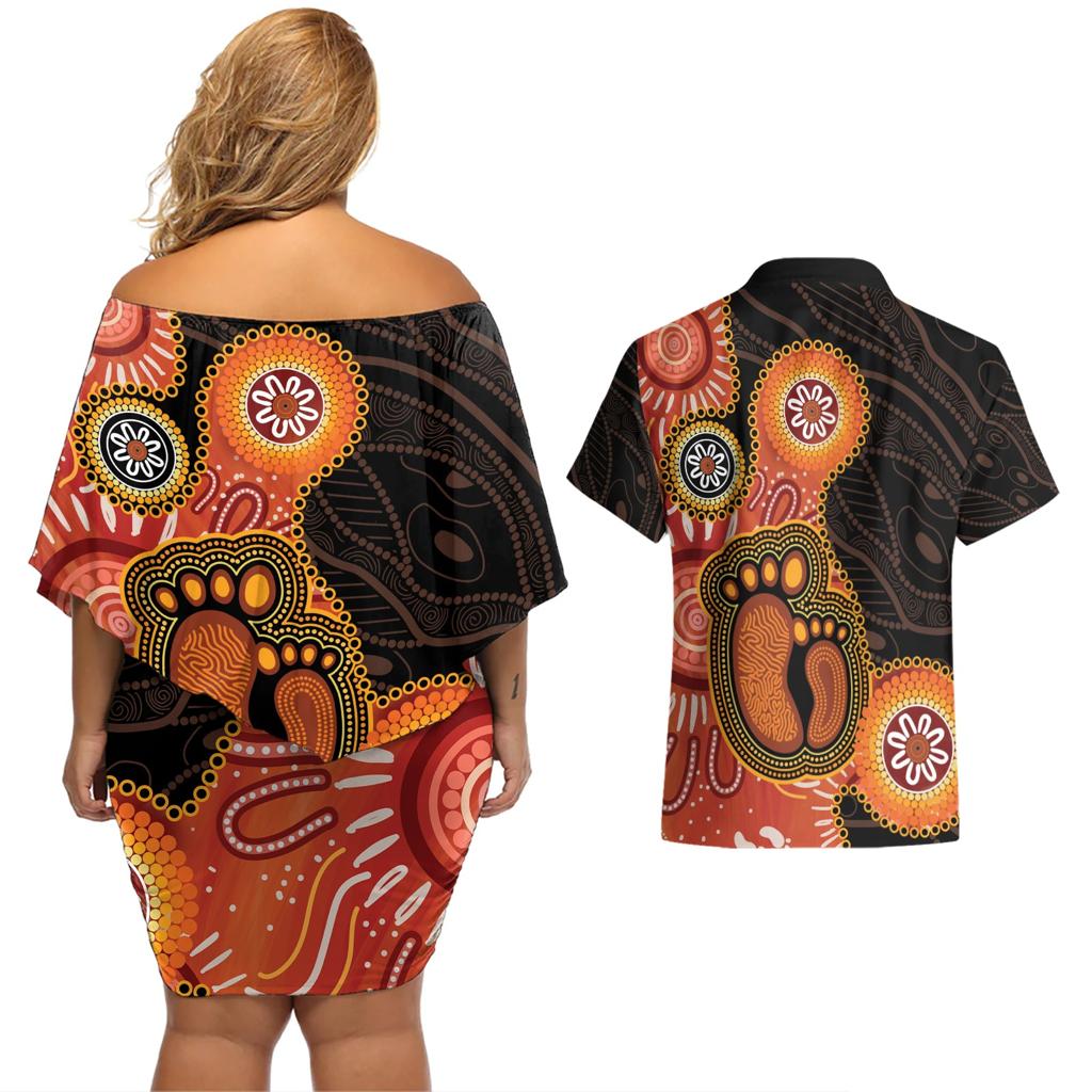 Australia Mothers Day Couples Matching Off Shoulder Short Dress and Hawaiian Shirt Mom And Baby Footprint Indigenous