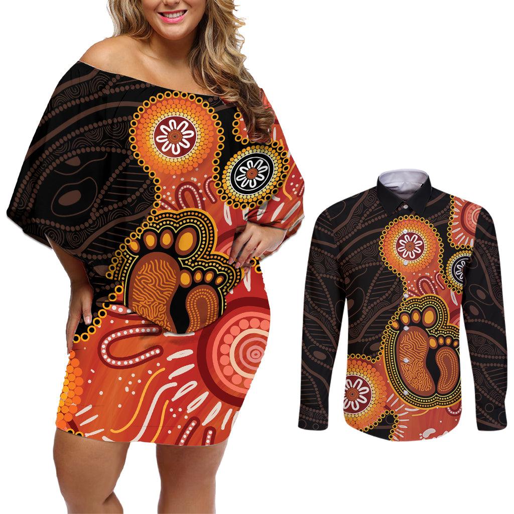Australia Mothers Day Couples Matching Off Shoulder Short Dress and Long Sleeve Button Shirt Mom And Baby Footprint Indigenous