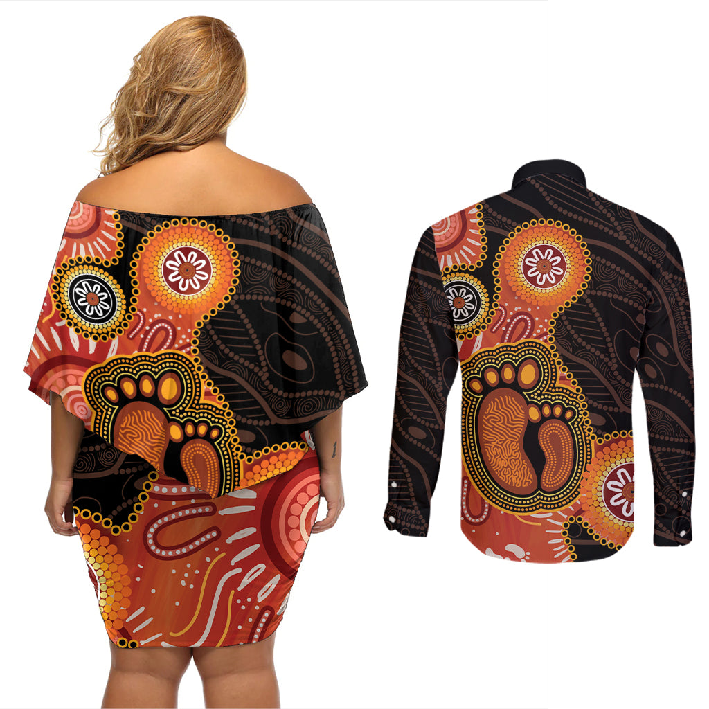 Australia Mothers Day Couples Matching Off Shoulder Short Dress and Long Sleeve Button Shirt Mom And Baby Footprint Indigenous