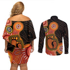 Australia Mothers Day Couples Matching Off Shoulder Short Dress and Long Sleeve Button Shirt Mom And Baby Footprint Indigenous