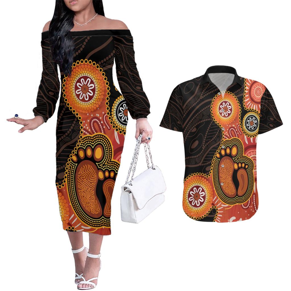 Australia Mothers Day Couples Matching Off The Shoulder Long Sleeve Dress and Hawaiian Shirt Mom And Baby Footprint Indigenous