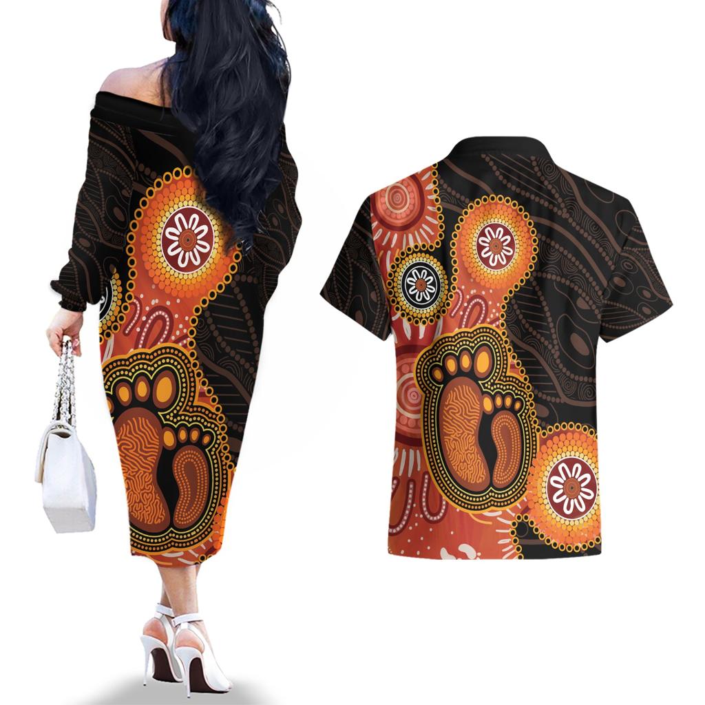 Australia Mothers Day Couples Matching Off The Shoulder Long Sleeve Dress and Hawaiian Shirt Mom And Baby Footprint Indigenous