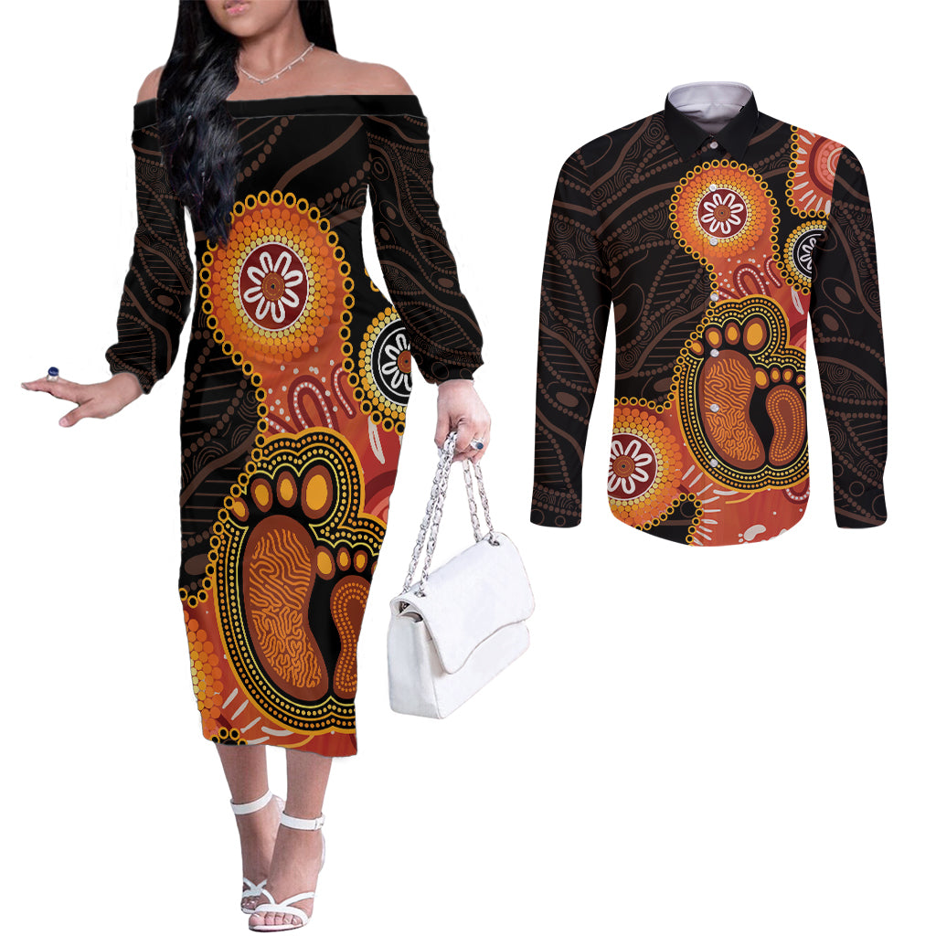 Australia Mothers Day Couples Matching Off The Shoulder Long Sleeve Dress and Long Sleeve Button Shirt Mom And Baby Footprint Indigenous