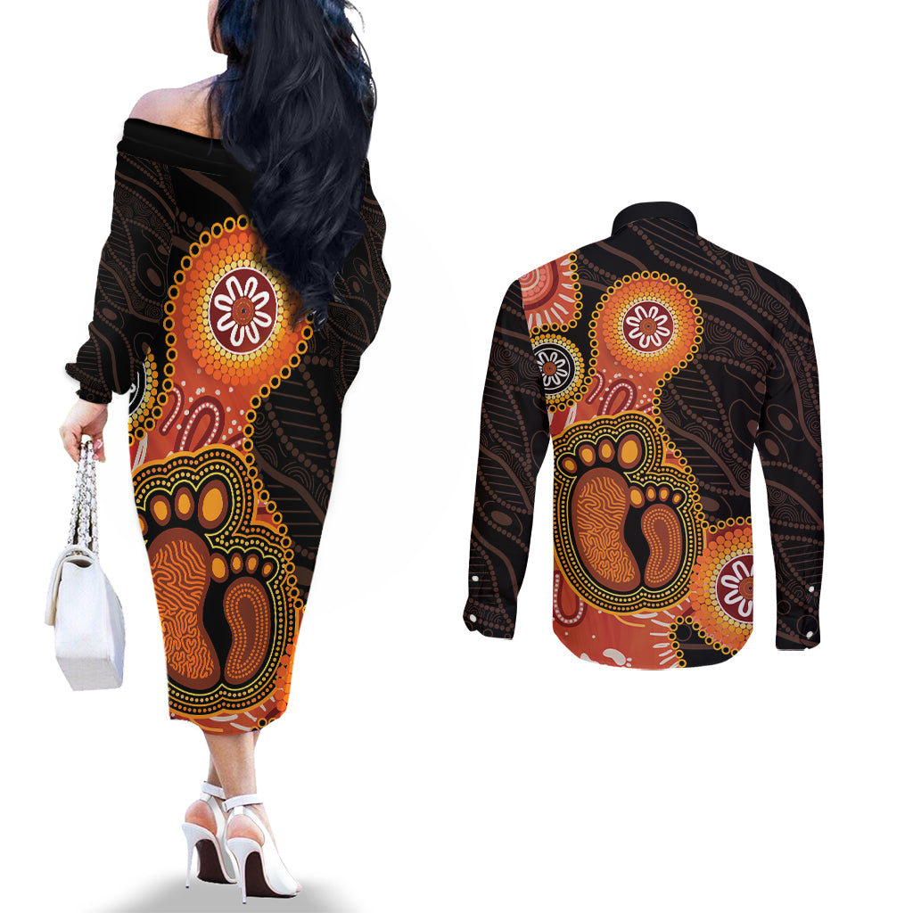 Australia Mothers Day Couples Matching Off The Shoulder Long Sleeve Dress and Long Sleeve Button Shirt Mom And Baby Footprint Indigenous