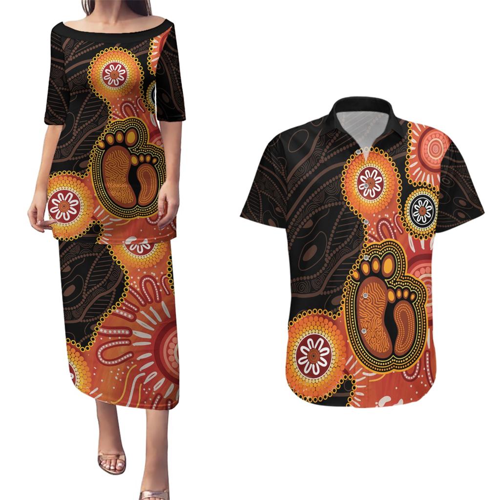 Australia Mothers Day Couples Matching Puletasi and Hawaiian Shirt Mom And Baby Footprint Indigenous