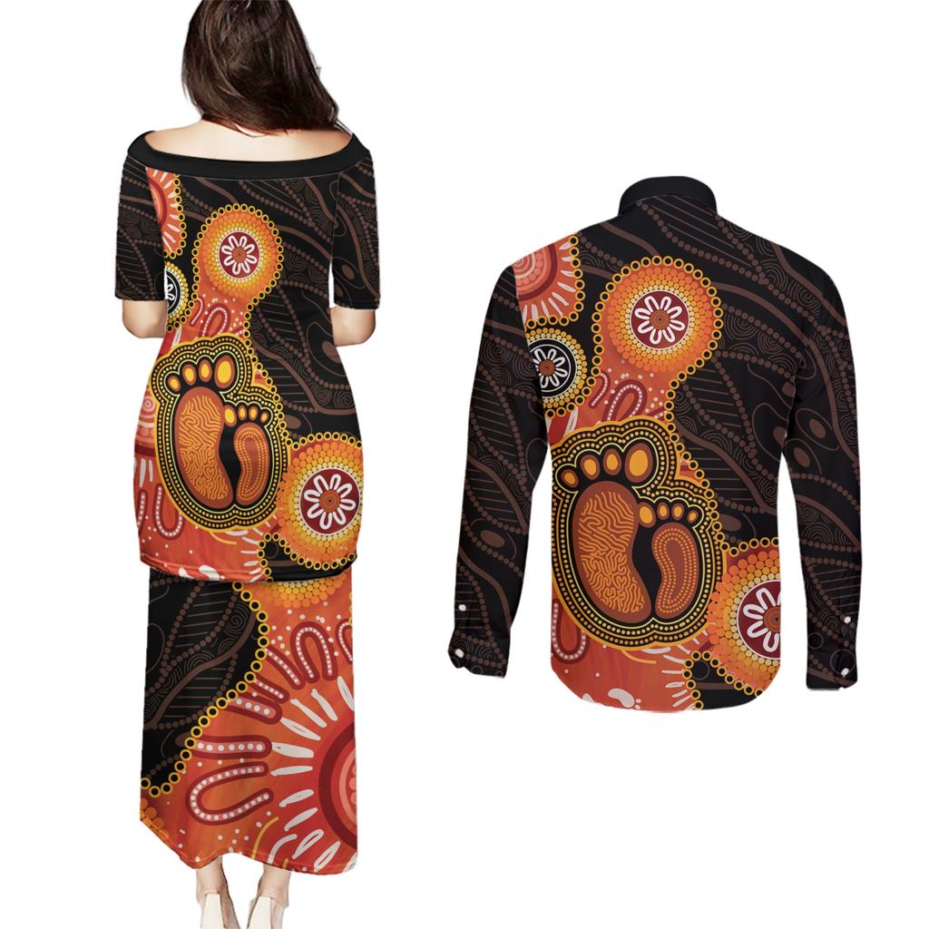 Australia Mothers Day Couples Matching Puletasi and Long Sleeve Button Shirt Mom And Baby Footprint Indigenous