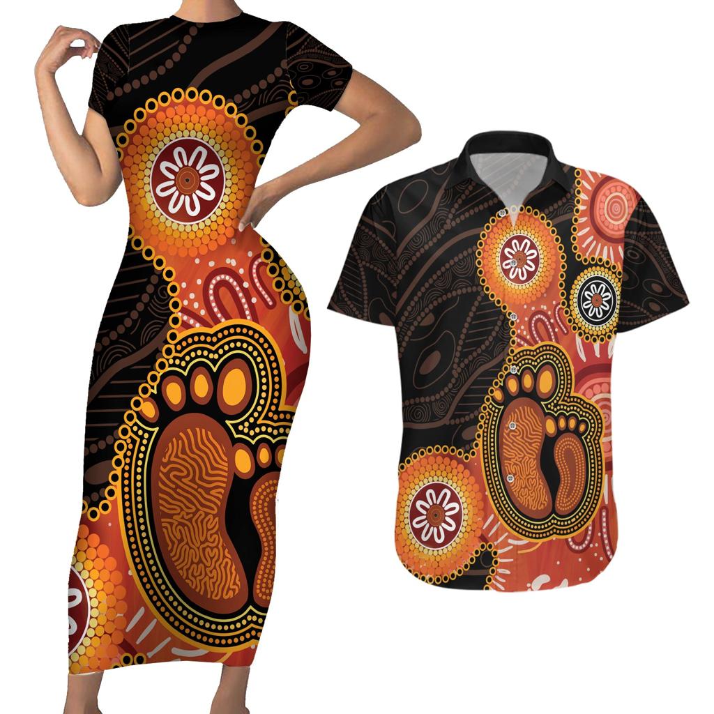 Australia Mothers Day Couples Matching Short Sleeve Bodycon Dress and Hawaiian Shirt Mom And Baby Footprint Indigenous