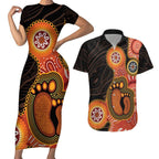 Australia Mothers Day Couples Matching Short Sleeve Bodycon Dress and Hawaiian Shirt Mom And Baby Footprint Indigenous