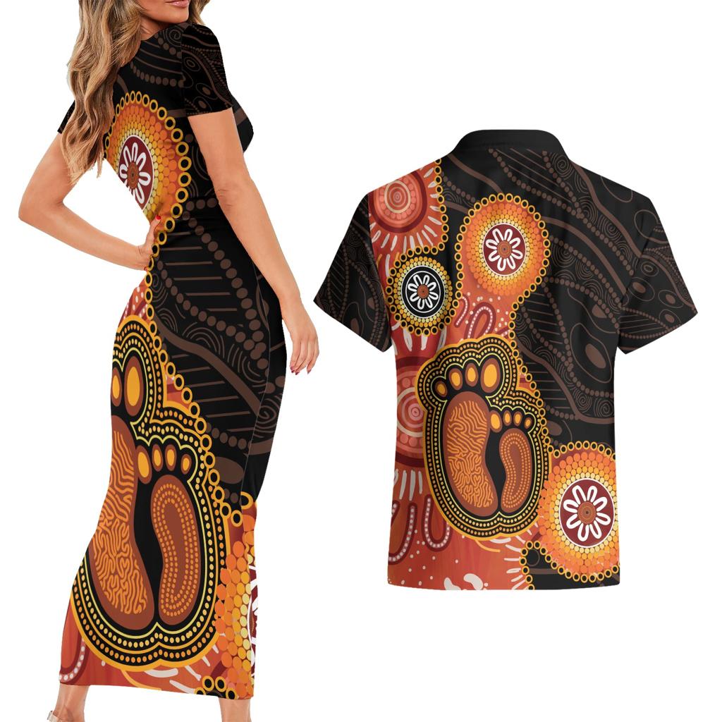 Australia Mothers Day Couples Matching Short Sleeve Bodycon Dress and Hawaiian Shirt Mom And Baby Footprint Indigenous