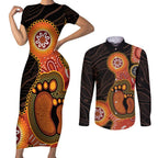 Australia Mothers Day Couples Matching Short Sleeve Bodycon Dress and Long Sleeve Button Shirt Mom And Baby Footprint Indigenous