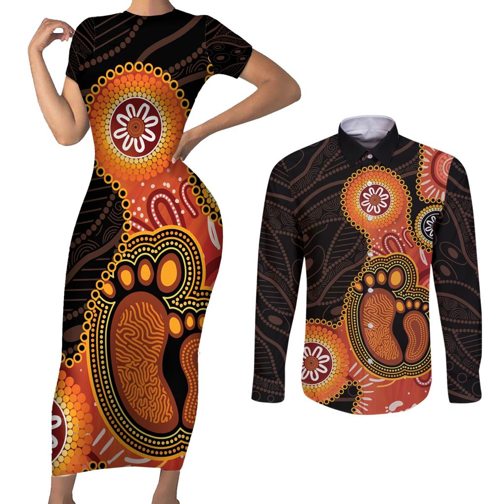 Australia Mothers Day Couples Matching Short Sleeve Bodycon Dress and Long Sleeve Button Shirt Mom And Baby Footprint Indigenous