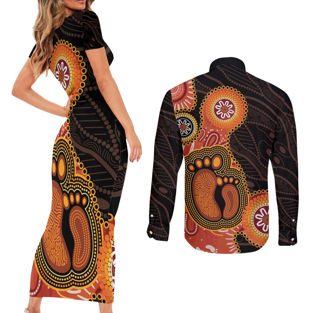 Australia Mothers Day Couples Matching Short Sleeve Bodycon Dress and Long Sleeve Button Shirt Mom And Baby Footprint Indigenous
