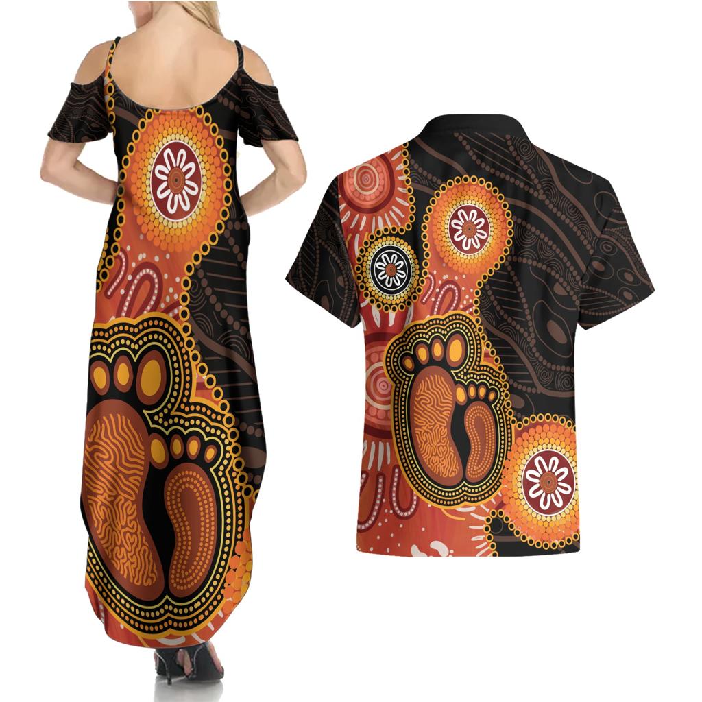 Australia Mothers Day Couples Matching Summer Maxi Dress and Hawaiian Shirt Mom And Baby Footprint Indigenous