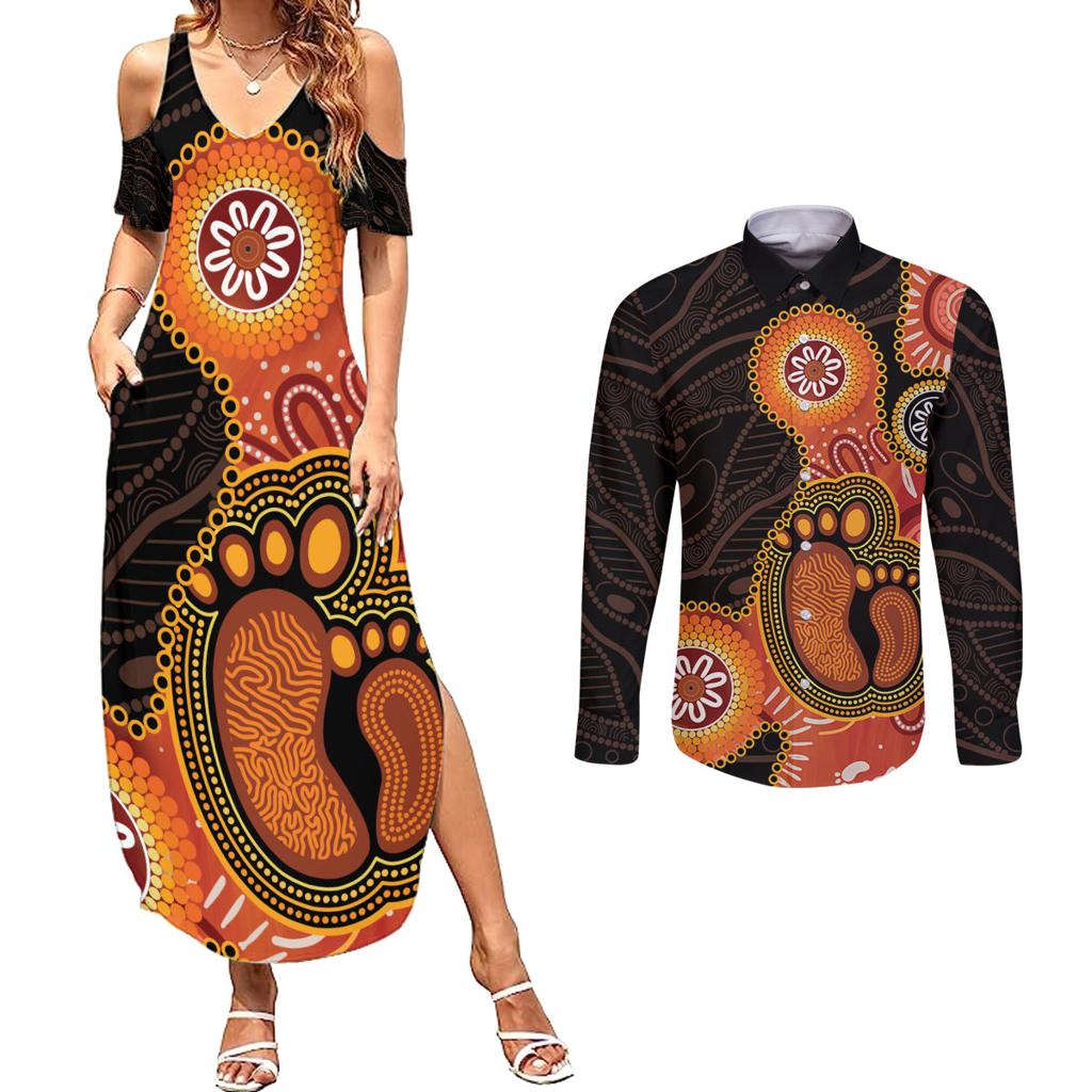 Australia Mothers Day Couples Matching Summer Maxi Dress and Long Sleeve Button Shirt Mom And Baby Footprint Indigenous