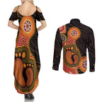 Australia Mothers Day Couples Matching Summer Maxi Dress and Long Sleeve Button Shirt Mom And Baby Footprint Indigenous