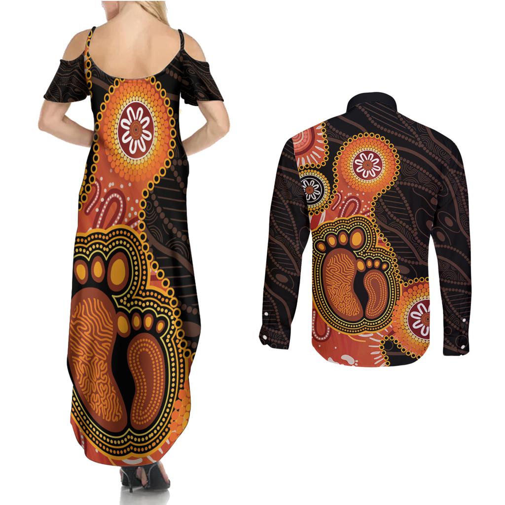 Australia Mothers Day Couples Matching Summer Maxi Dress and Long Sleeve Button Shirt Mom And Baby Footprint Indigenous