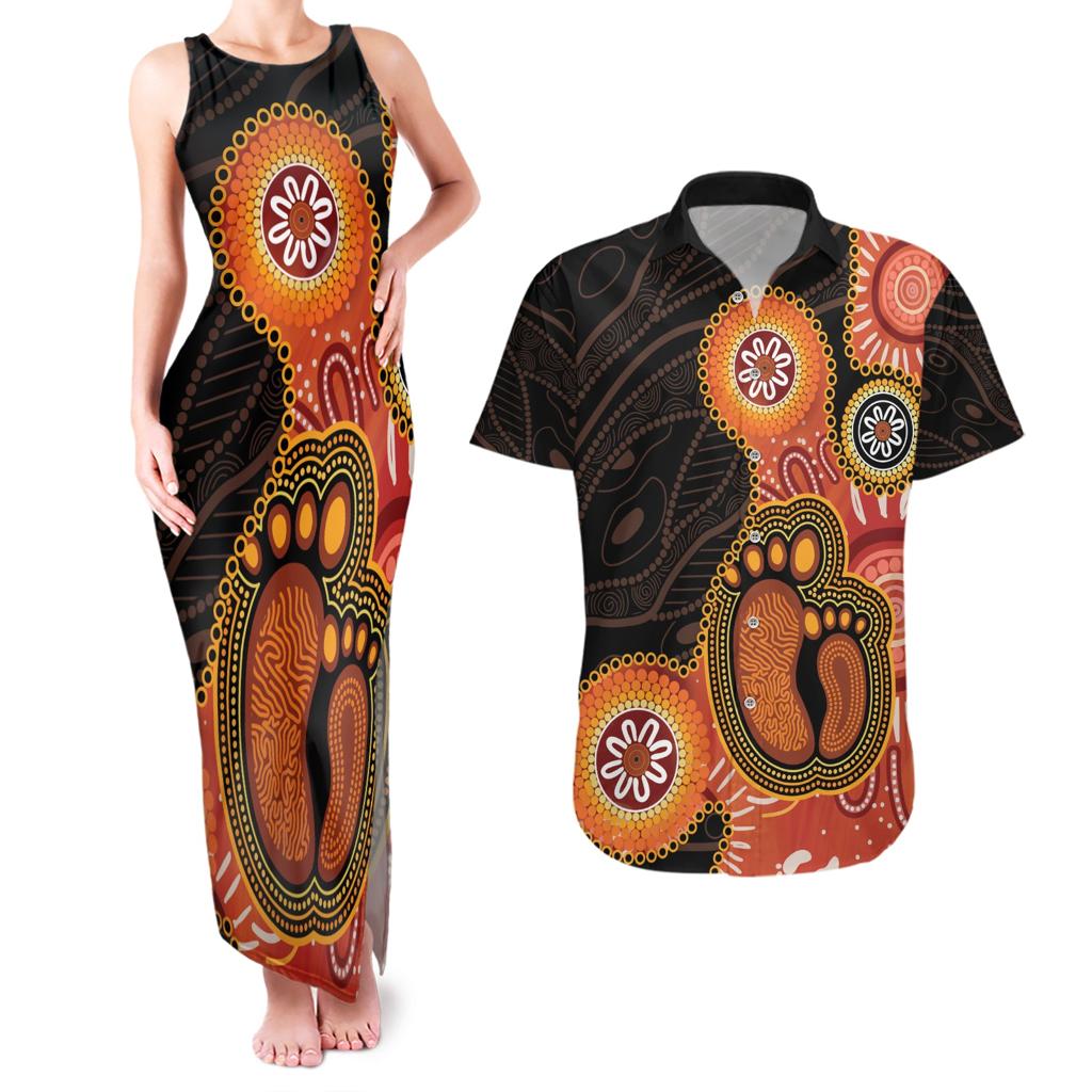 Australia Mothers Day Couples Matching Tank Maxi Dress and Hawaiian Shirt Mom And Baby Footprint Indigenous