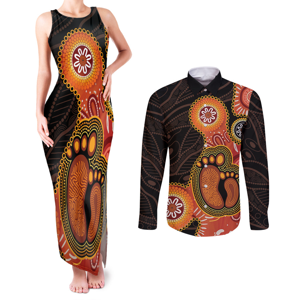 Australia Mothers Day Couples Matching Tank Maxi Dress and Long Sleeve Button Shirt Mom And Baby Footprint Indigenous