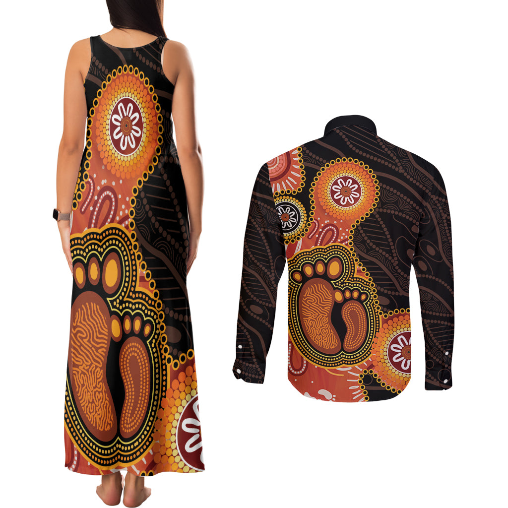 Australia Mothers Day Couples Matching Tank Maxi Dress and Long Sleeve Button Shirt Mom And Baby Footprint Indigenous