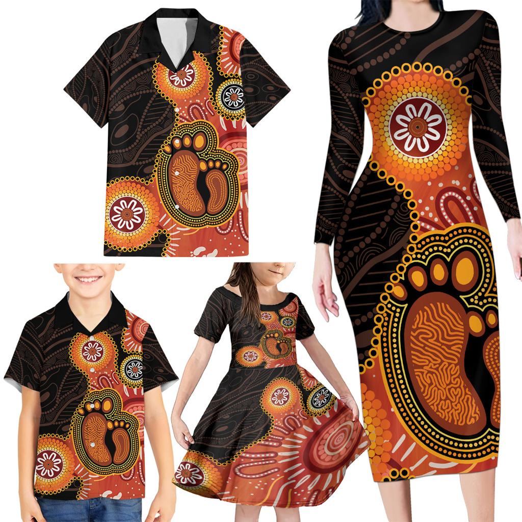 Australia Mothers Day Family Matching Long Sleeve Bodycon Dress and Hawaiian Shirt Mom And Baby Footprint Indigenous