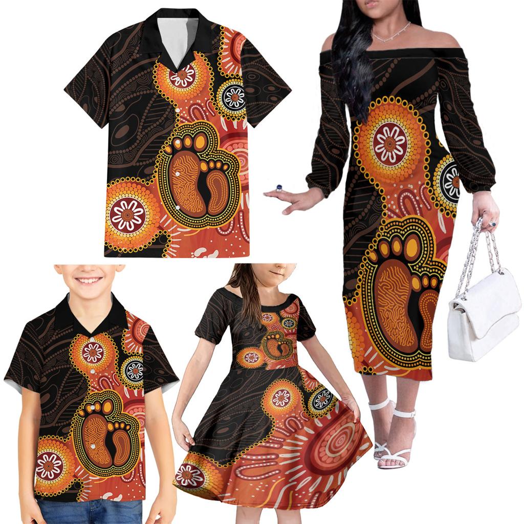 Australia Mothers Day Family Matching Off The Shoulder Long Sleeve Dress and Hawaiian Shirt Mom And Baby Footprint Indigenous