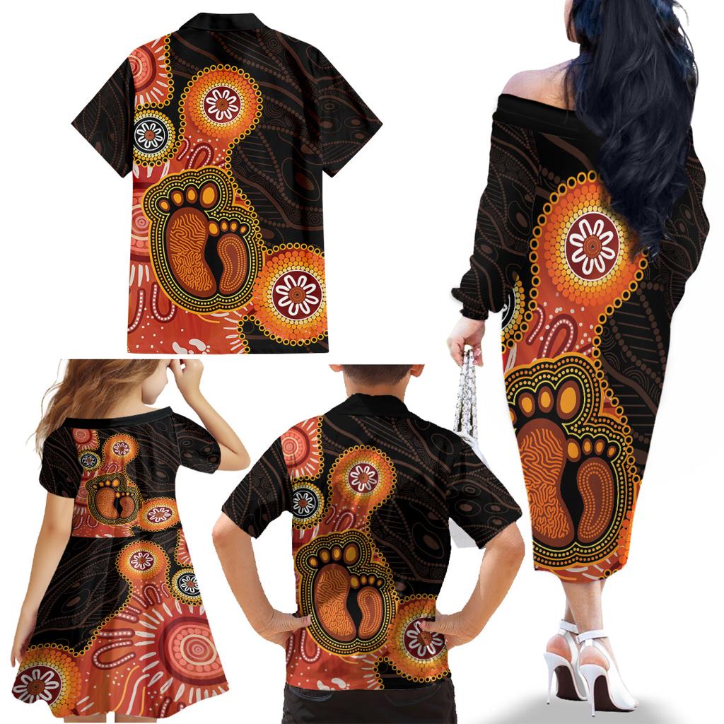 Australia Mothers Day Family Matching Off The Shoulder Long Sleeve Dress and Hawaiian Shirt Mom And Baby Footprint Indigenous