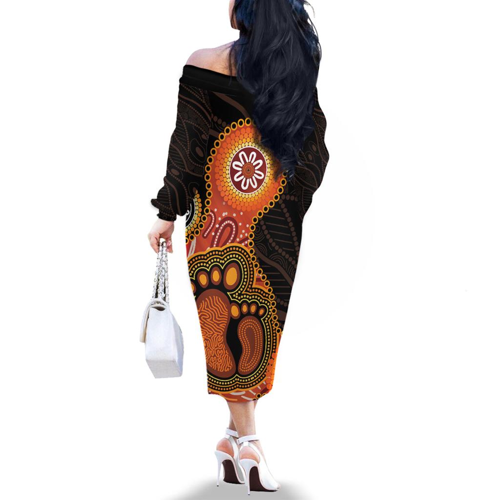 Australia Mothers Day Family Matching Off The Shoulder Long Sleeve Dress and Hawaiian Shirt Mom And Baby Footprint Indigenous