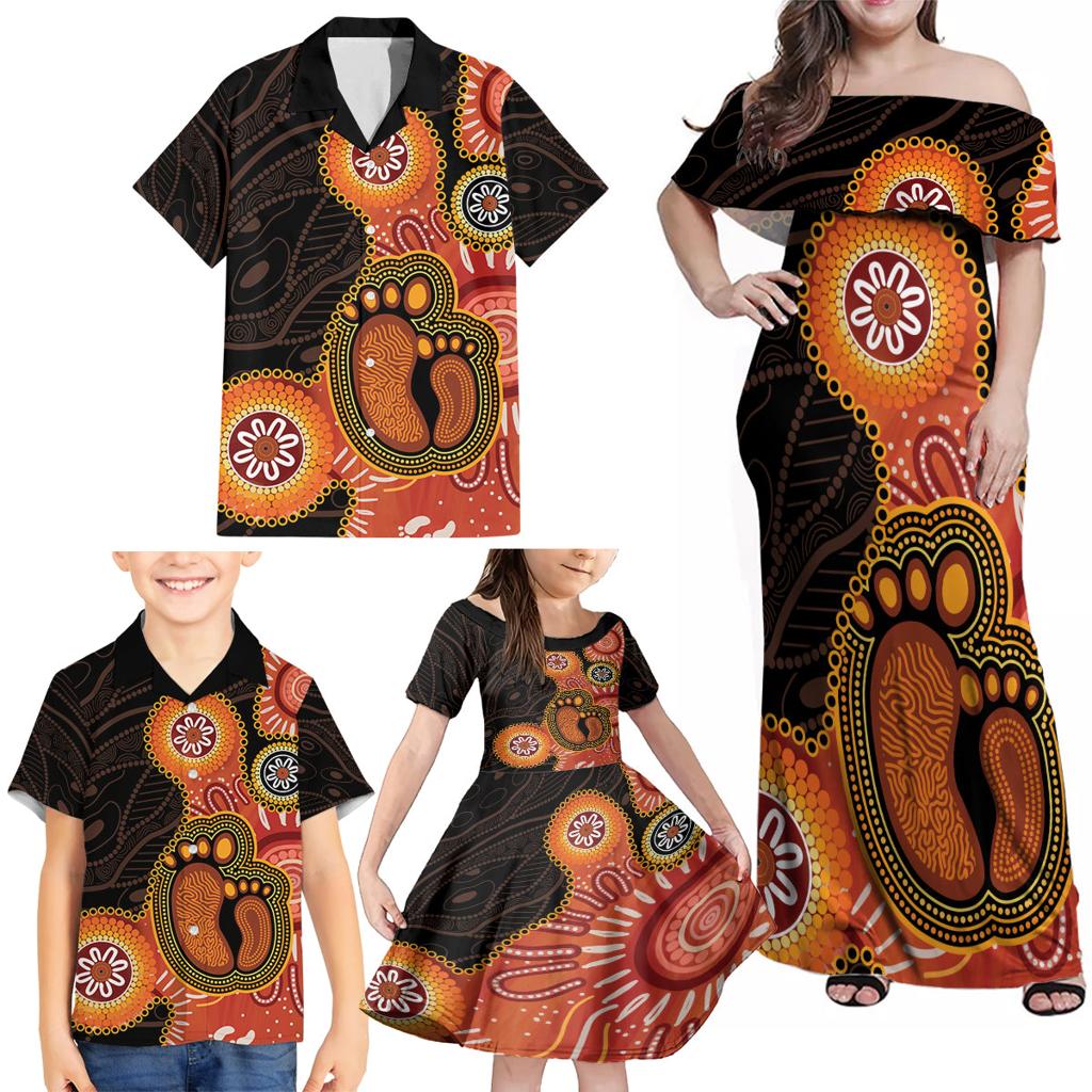 Australia Mothers Day Family Matching Off Shoulder Maxi Dress and Hawaiian Shirt Mom And Baby Footprint Indigenous