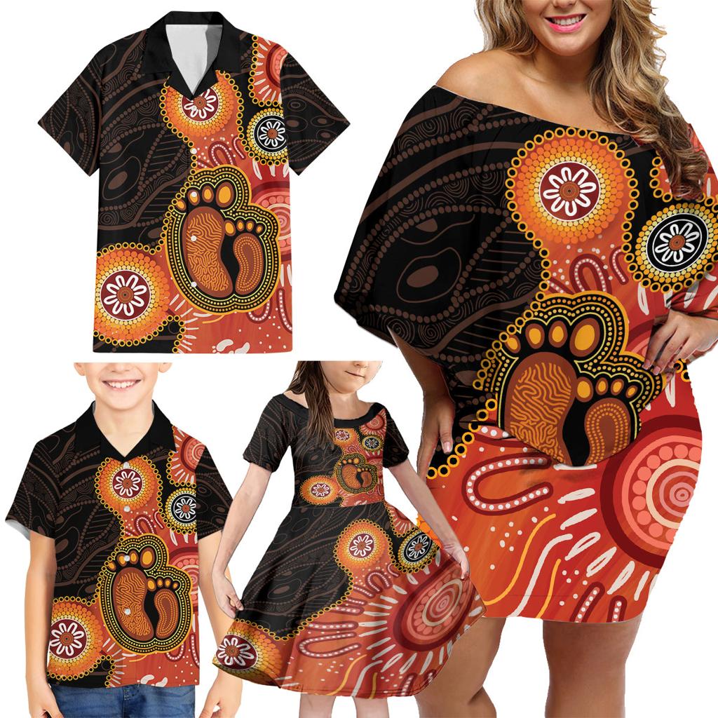 Australia Mothers Day Family Matching Off Shoulder Short Dress and Hawaiian Shirt Mom And Baby Footprint Indigenous