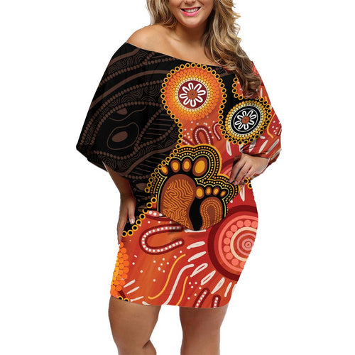 Australia Mothers Day Family Matching Off Shoulder Short Dress and Hawaiian Shirt Mom And Baby Footprint Indigenous