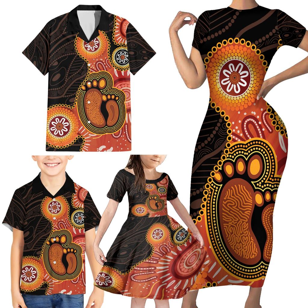 Australia Mothers Day Family Matching Short Sleeve Bodycon Dress and Hawaiian Shirt Mom And Baby Footprint Indigenous