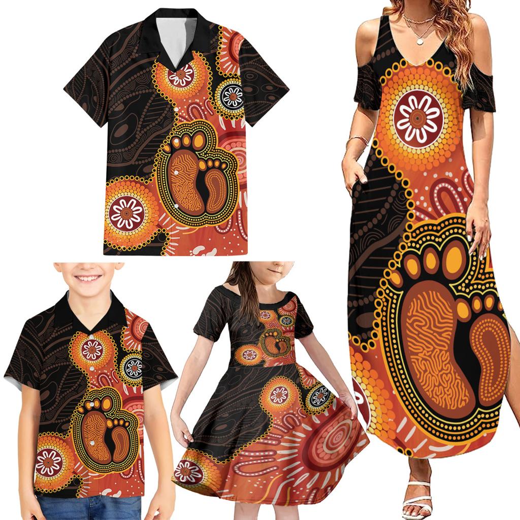 Australia Mothers Day Family Matching Summer Maxi Dress and Hawaiian Shirt Mom And Baby Footprint Indigenous