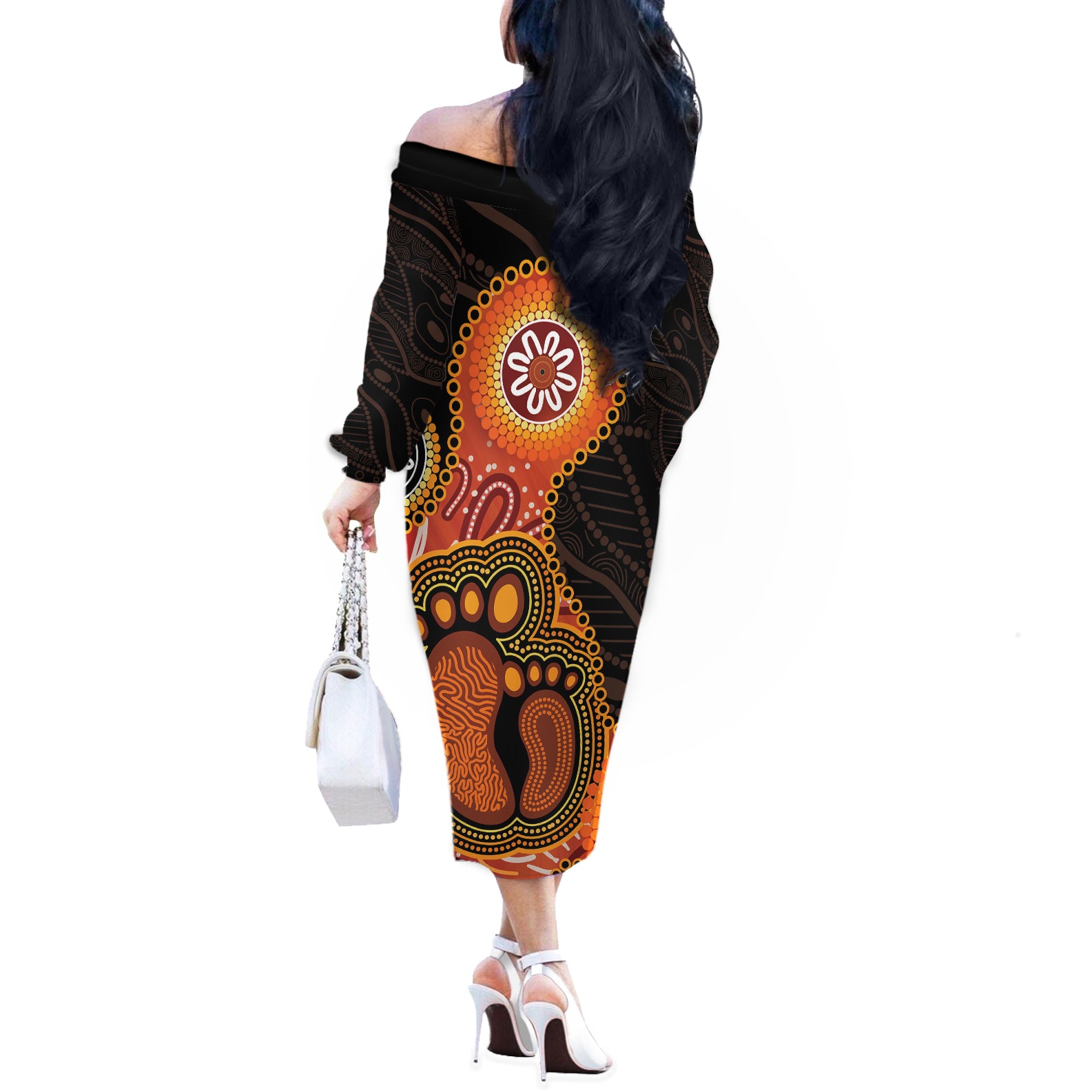Australia Mothers Day Off The Shoulder Long Sleeve Dress Mom And Baby Footprint Indigenous