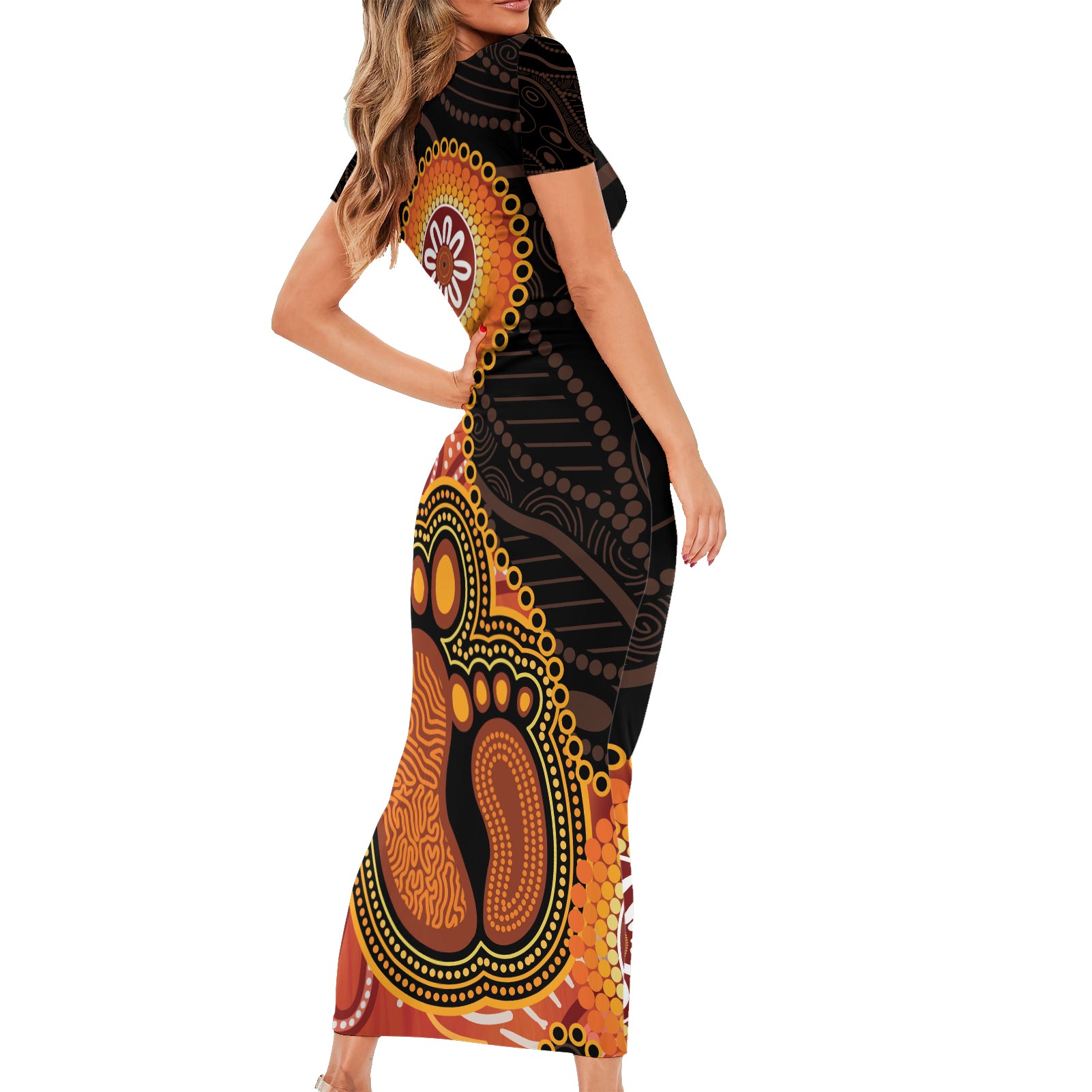 Australia Mothers Day Short Sleeve Bodycon Dress Mom And Baby Footprint Indigenous