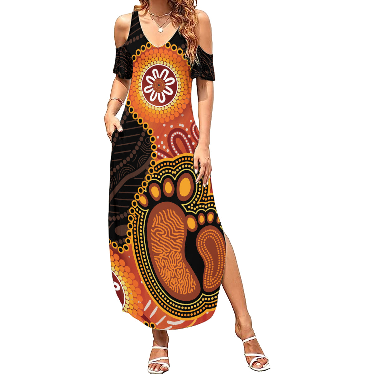 Australia Mothers Day Summer Maxi Dress Mom And Baby Footprint Indigenous