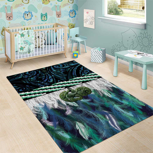 Turquoise Traditional Cloak Aotearoa Area Rug Maori Paua Shell Korowai Pattern