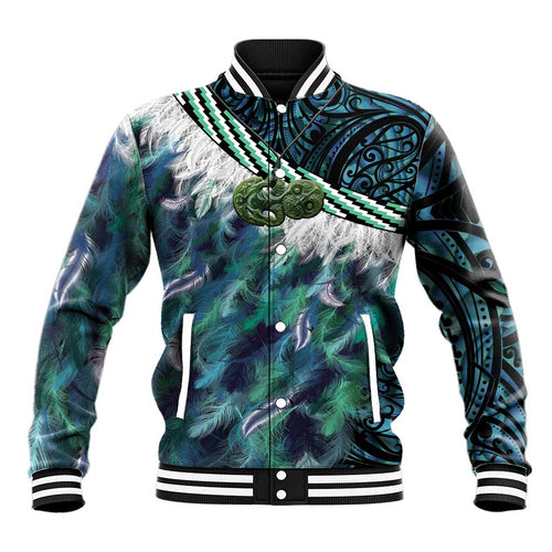 Turquoise Traditional Cloak Aotearoa Baseball Jacket Maori Paua Shell Korowai Pattern