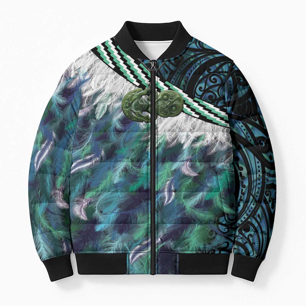 Turquoise Traditional Cloak Aotearoa Bomber Puffer Jacket Maori Paua Shell Korowai Pattern - Aussie Hoodie