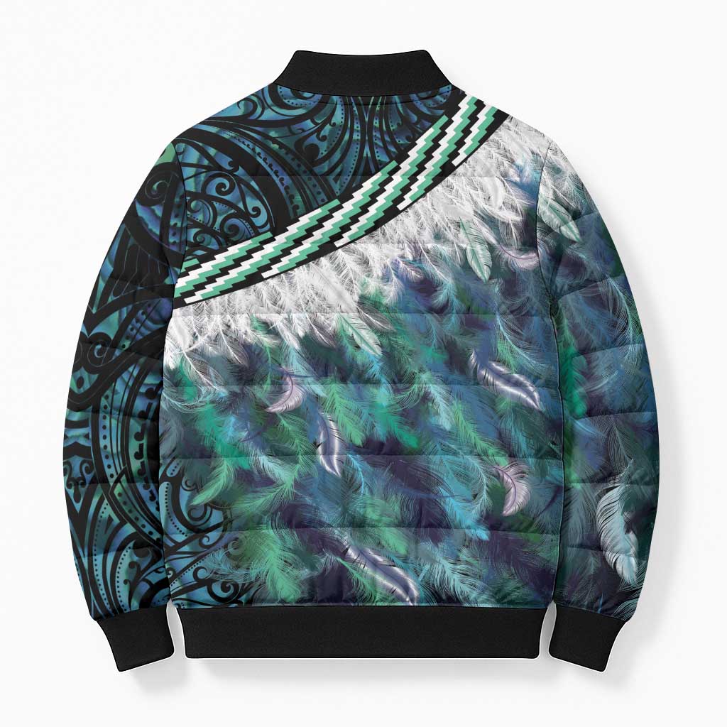 Turquoise Traditional Cloak Aotearoa Bomber Puffer Jacket Maori Paua Shell Korowai Pattern - Aussie Hoodie