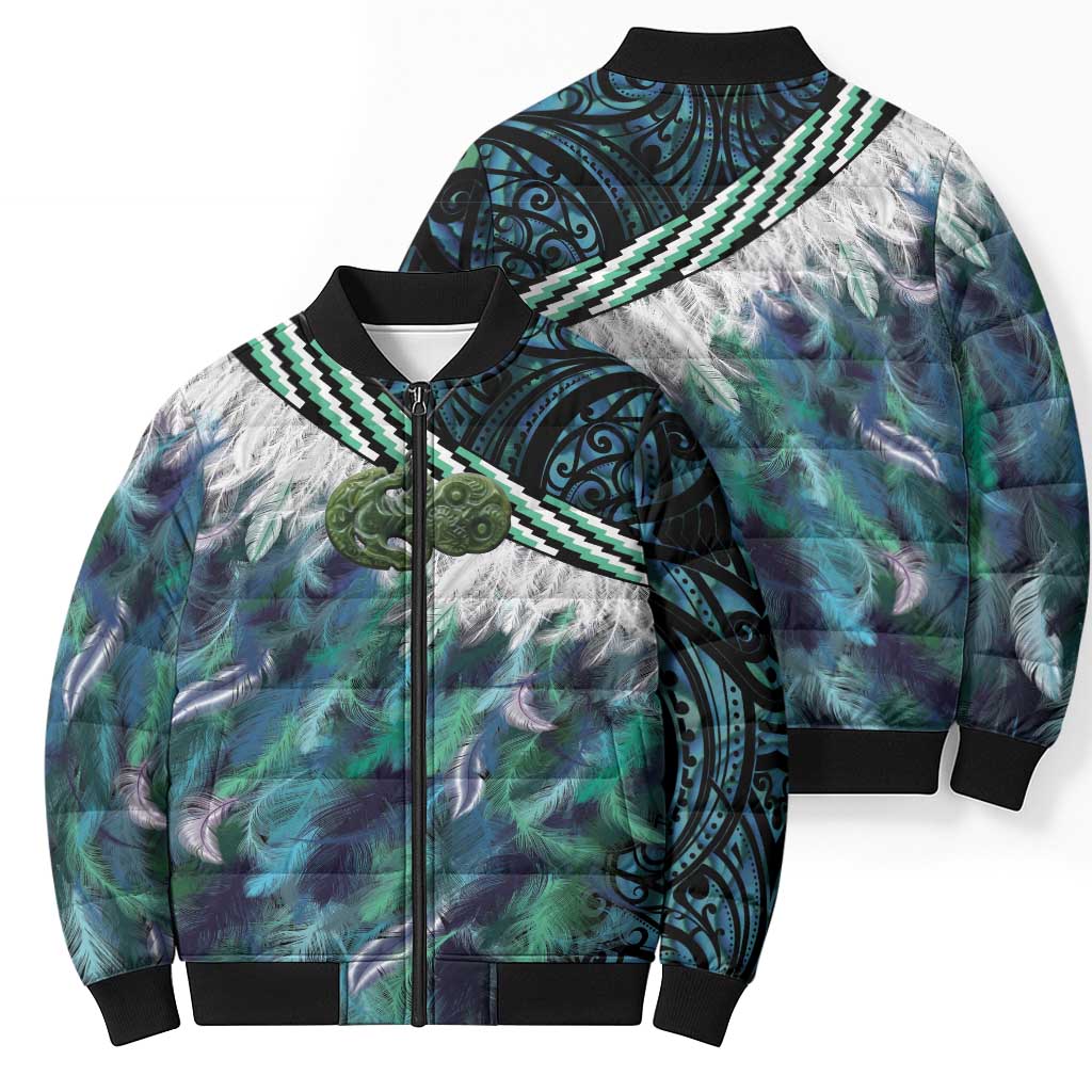 Turquoise Traditional Cloak Aotearoa Bomber Puffer Jacket Maori Paua Shell Korowai Pattern - Aussie Hoodie