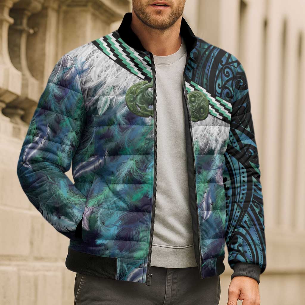 Turquoise Traditional Cloak Aotearoa Bomber Puffer Jacket Maori Paua Shell Korowai Pattern - Aussie Hoodie