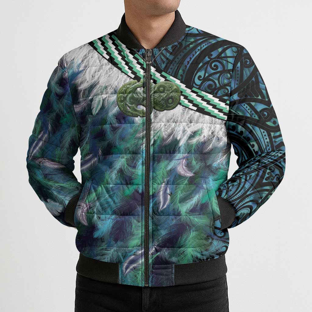Turquoise Traditional Cloak Aotearoa Bomber Puffer Jacket Maori Paua Shell Korowai Pattern - Aussie Hoodie