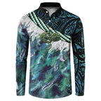 Turquoise Traditional Cloak Aotearoa Button Sweatshirt Maori Paua Shell Korowai Pattern