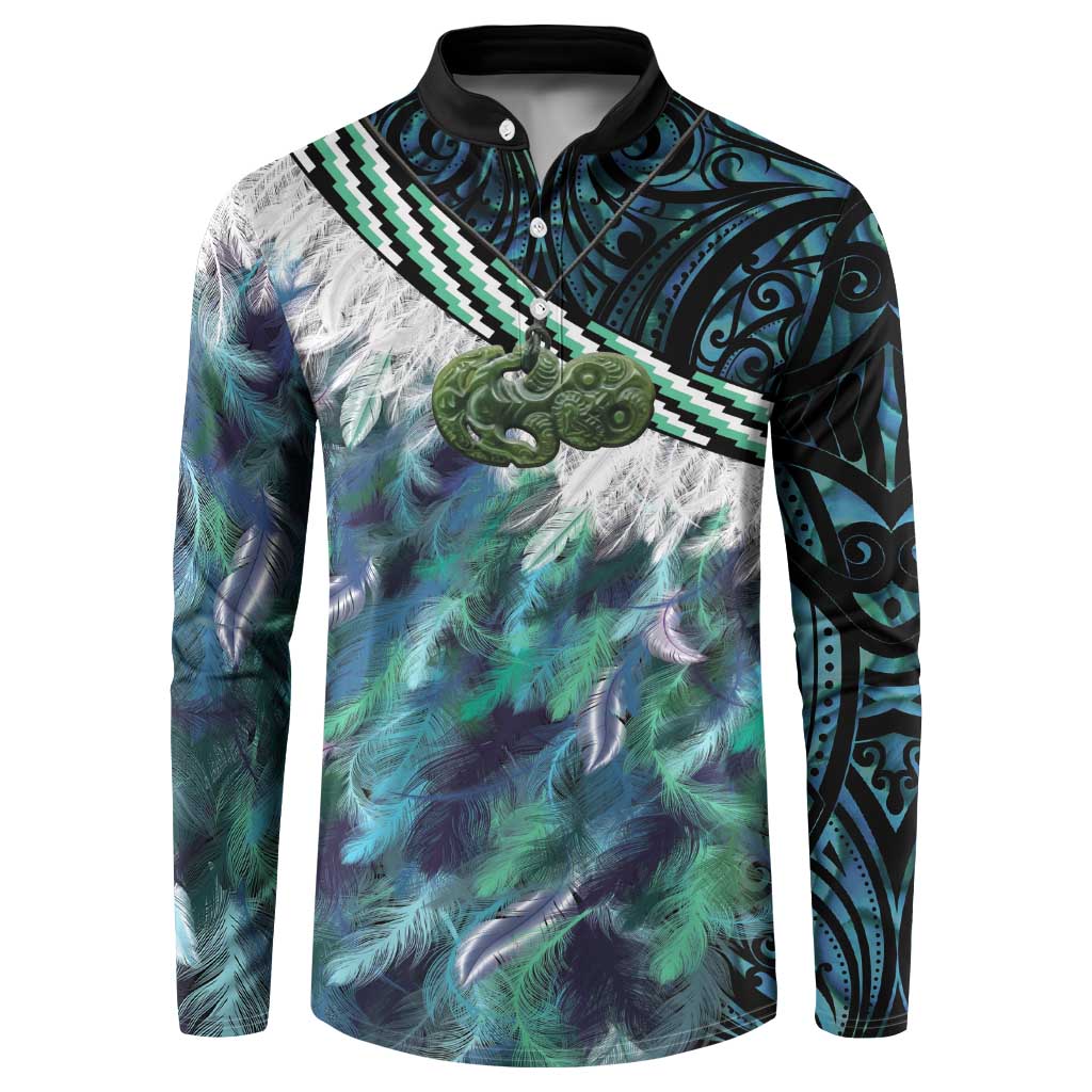 Turquoise Traditional Cloak Aotearoa Button Sweatshirt Maori Paua Shell Korowai Pattern