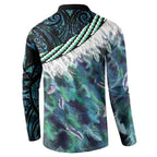 Turquoise Traditional Cloak Aotearoa Button Sweatshirt Maori Paua Shell Korowai Pattern