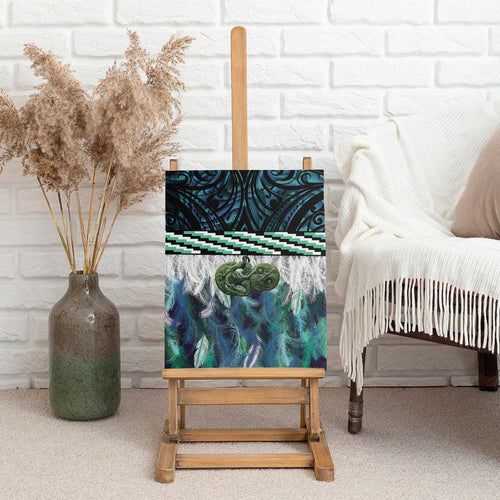 Turquoise Traditional Cloak Aotearoa Canvas Wall Art Maori Paua Shell Korowai Pattern