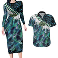 Turquoise Traditional Cloak Aotearoa Couples Matching Long Sleeve Bodycon Dress and Hawaiian Shirt Maori Paua Shell Korowai Pattern