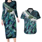 Turquoise Traditional Cloak Aotearoa Couples Matching Long Sleeve Bodycon Dress and Hawaiian Shirt Maori Paua Shell Korowai Pattern