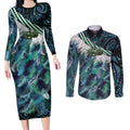 Turquoise Traditional Cloak Aotearoa Couples Matching Long Sleeve Bodycon Dress and Long Sleeve Button Shirt Maori Paua Shell Korowai Pattern