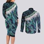 Turquoise Traditional Cloak Aotearoa Couples Matching Long Sleeve Bodycon Dress and Long Sleeve Button Shirt Maori Paua Shell Korowai Pattern